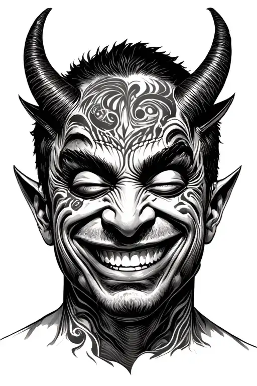 A person who has an evil demon instead of his face, and he takes off a man's mask with a cheerful smile tattoo design idea