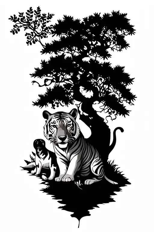 a tiger and a dog and an olive tree growing together tattoo design idea