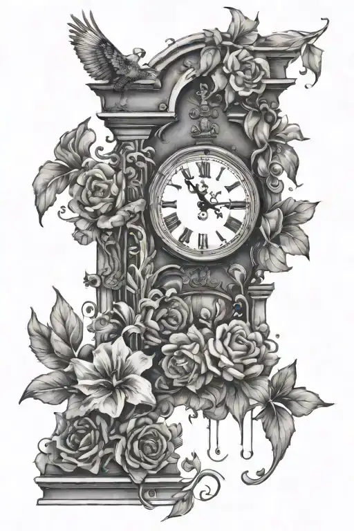 city ​​street with clock and with flowers and elements tattoo design idea