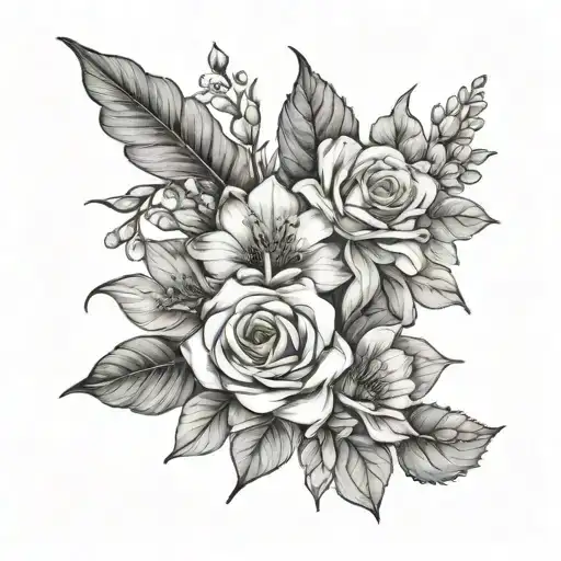 show me a fine line tattoo with the birth flowers of february, november, june, and august  tattoo design idea