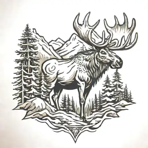 mountains, trees, moose head and nature scene tattoo design idea