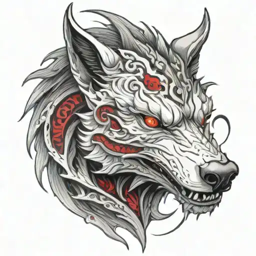wolf head red eyes white dragon tattoo design idea