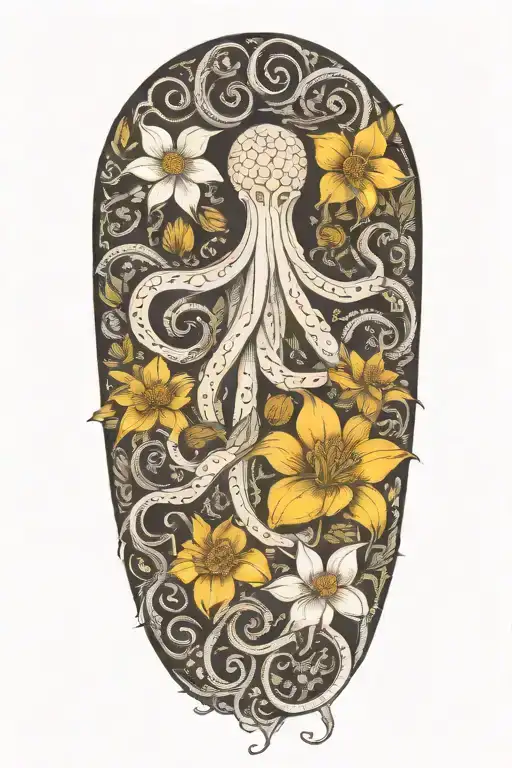 snowdrops, rose, marigold, daffodil, "octopus" tentacles tattoo design idea