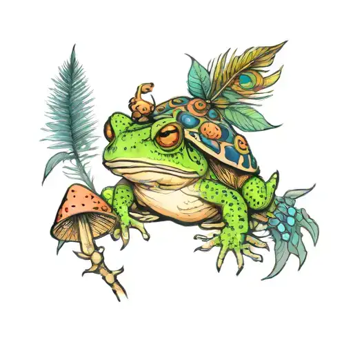 toad in a forest with peacock feather, trident and mushrooms tattoo design idea