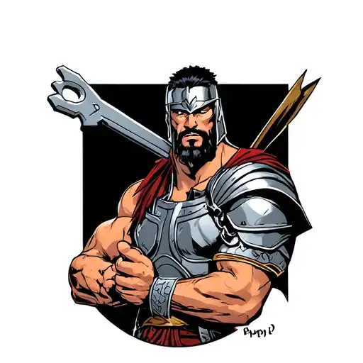 A minimalistic comic spartacus with an allen key in his hand tattoo design idea