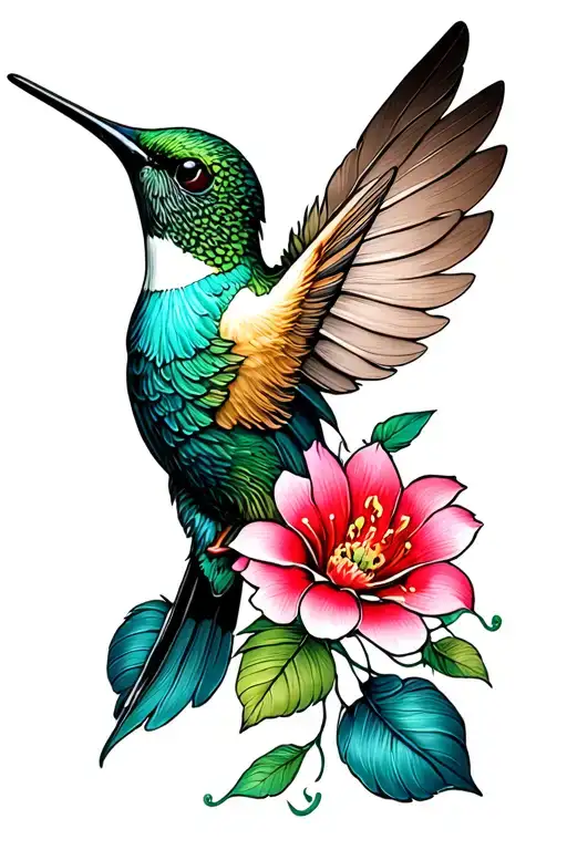 Hummingbird feathers shadows flower tattoo design idea