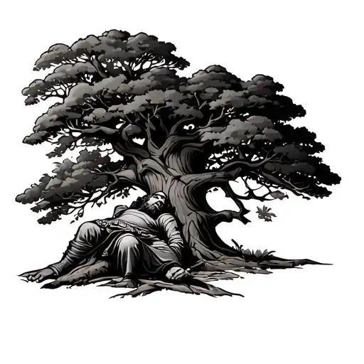 15th Century Bohemian warrior resting by a huge tree looking tired tattoo design idea