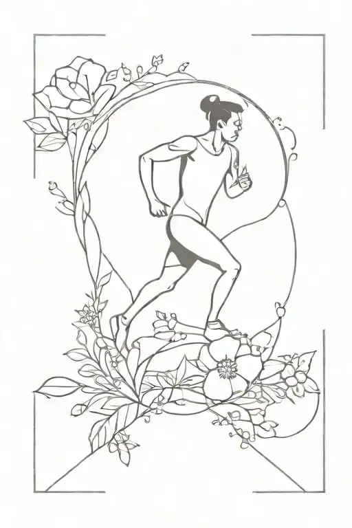 A minimalist design of a runner silhouette surrounded by flowers and diamonds tattoo design idea