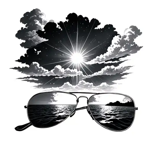  aviator sunglasses slightly tilted where the reflection is heaven (clouds, ocean, rays of light) tattoo design idea