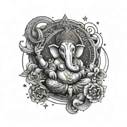 A tattoo design inspired by Rutu's interest in astronomy, featuring a cosmic scene with Lord Ganesha as a celestial figure in a black-grey style tattoo design idea