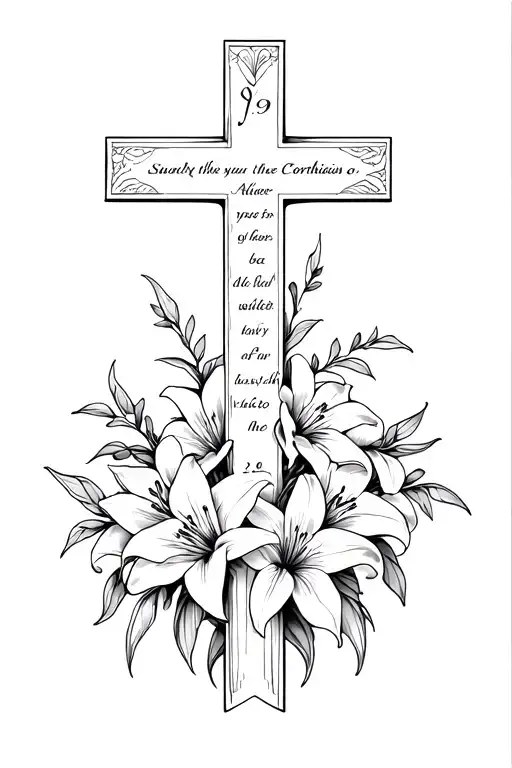 Create a spine tattoo of a cross with lilies and incorporate "Corinthians 2:9" somewhere in it. fully down the spine tattoo design idea