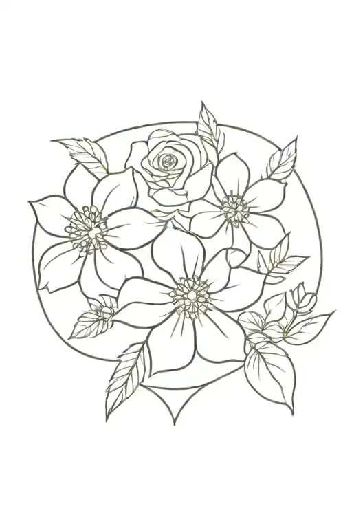 violet, aster, rose and marigold flowers intertwined tattoo design idea