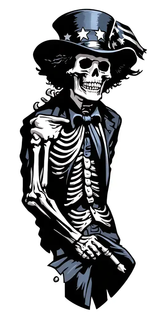 skeleton uncle sam with American flag waving tattoo design idea