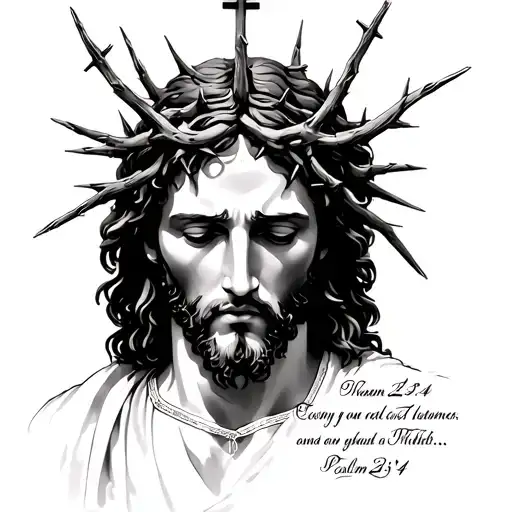  jesus with thorns on his head, crosses and psalm 23:4 written out  tattoo design idea