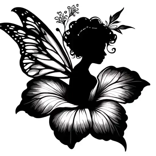 Tattoo on an ankle. The tattoo includes a delicate fairy, in silhouette, hibiscus liana tattoo design idea
