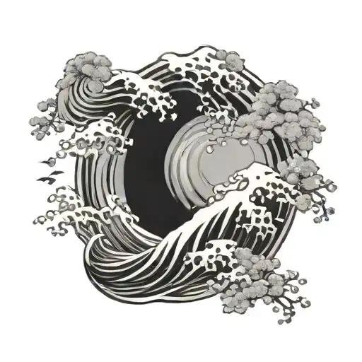 irezumi style ocean waves with sakura flowers and japan boy tattoo design idea