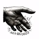 child's hand gently holding a father's finger. name 'AARIV' and date 24-10-2023 in roman numerals tattoo design idea