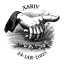 child's hand gently holding a father's finger. name 'AARIV' and date 24-10-2023 in roman numerals tattoo design idea