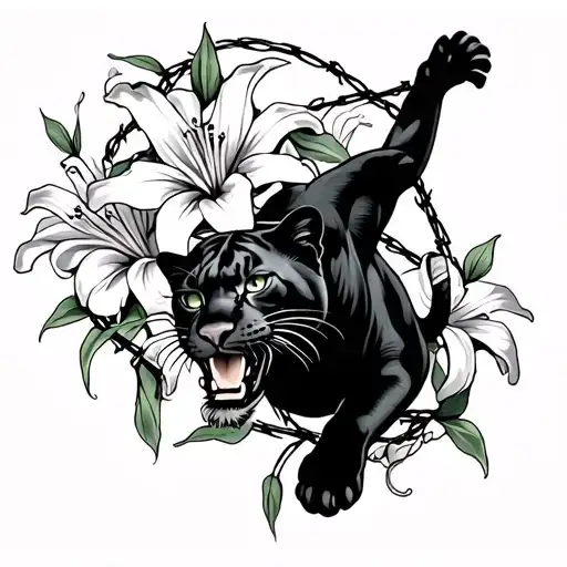American style tattoo of panther climbing with Lilly's and barb wire tattoo design idea