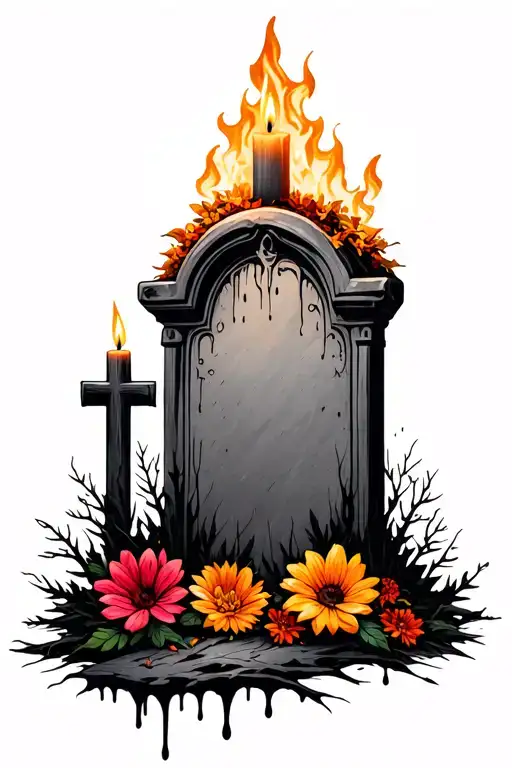 burning candle wax dripping decayed grave with dying flowers in black and gray. Tombstone and forest  tattoo design idea