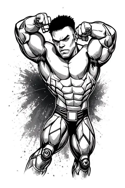 noisy boy from real steel, double bicep pose tattoo design idea