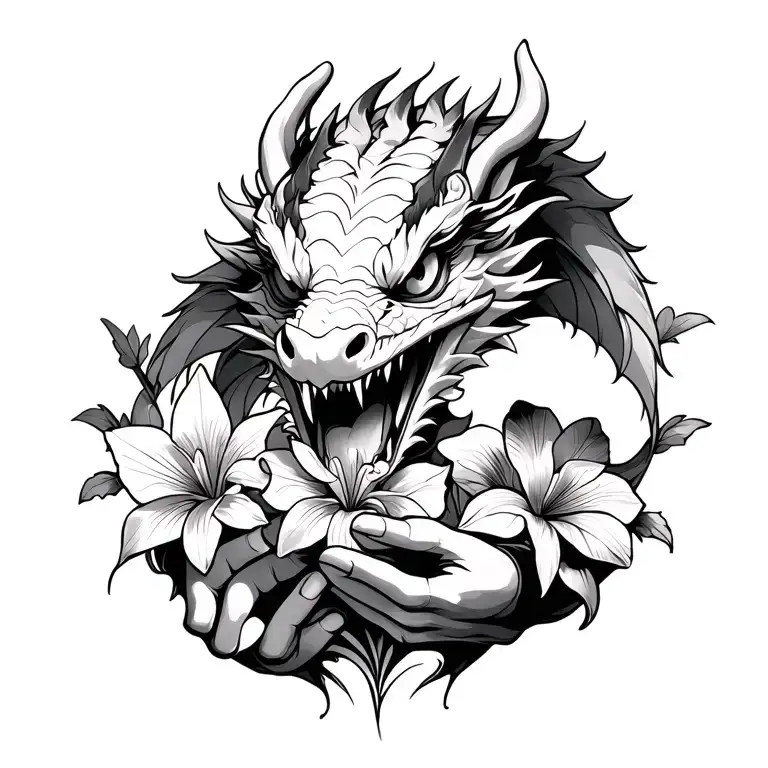 japanese style dragon face, holding the fluer de lis in its hands with iris flowers around it  tattoo design idea