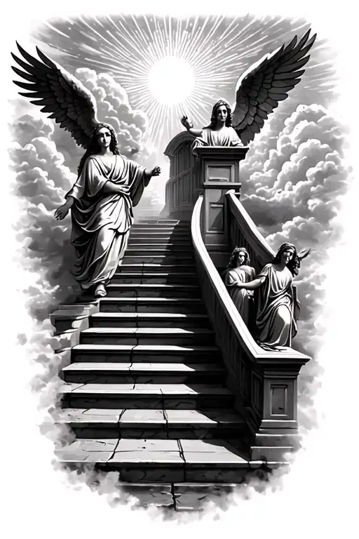 stairway to heaven walking up stairs angels sun rays clouds heaven gate at the top of the stairs  tattoo design idea