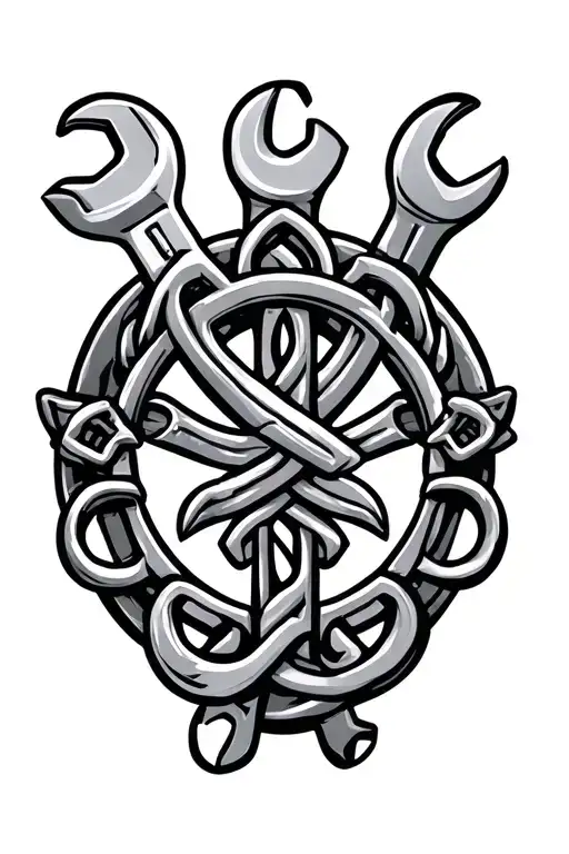 in memory of dad with wrenches, enginge parts, room for writing on wrenches and the celtic symbol for father or family tattoo design idea