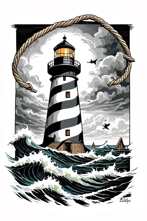 lighthouse with stormy seas and rope border tattoo design idea