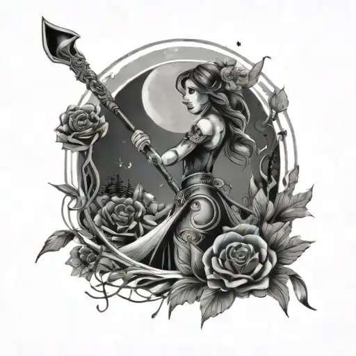 A whimsical and enchanting design of a girl with a scythe in the moonlight, surrounded by an array of vibrant flowers tattoo design idea