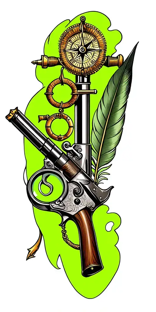 a flintlock pistol, a quill pen, a compass, an anchor, a magnifying glass tattoo design idea