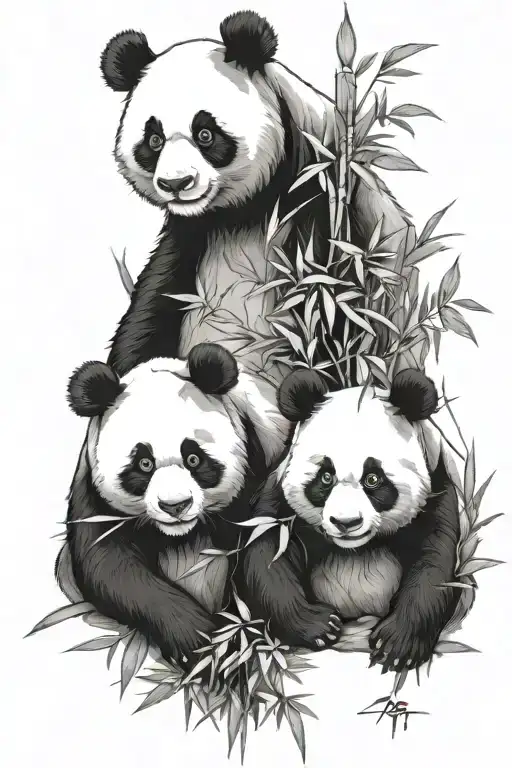 panda family with bamboo leaves around him tattoo design idea