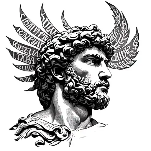 Greek god made of many motivational words  tattoo design idea