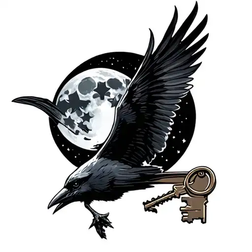 raven flying, carrying a key, stars shining full moon, tattoo design idea