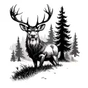 stag in the forest with tall trees looking through camera lens tattoo design idea