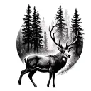 stag in the forest with tall trees looking through camera lens tattoo design idea