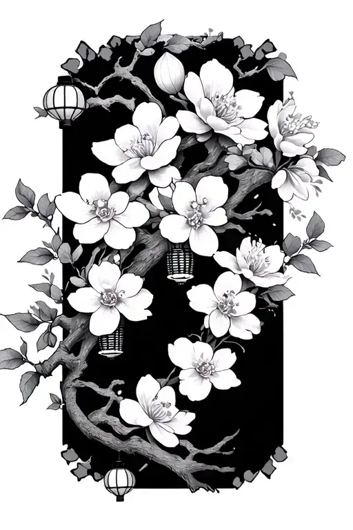 cherry blossoms and lanterns Vietnamese tattoo design idea
