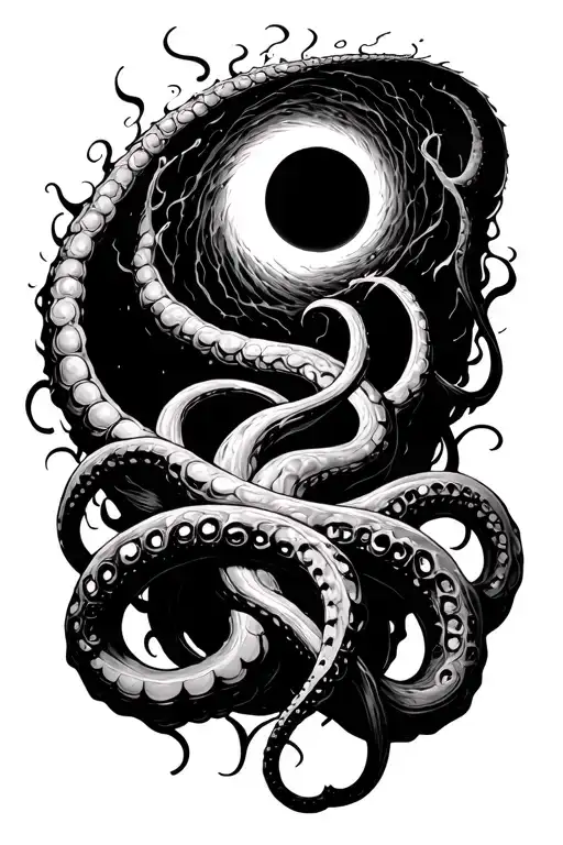 a spiraling black hole from which long tentacles emerges. The whole design radiates ominous energy and dark magic runes tattoo design idea