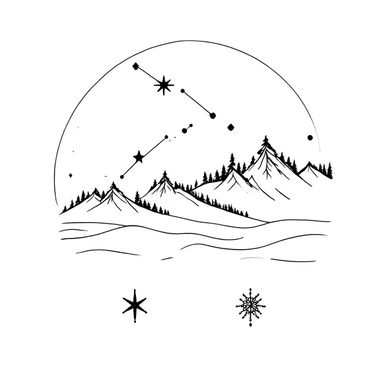 Trees, Mountains, Northern Lights, Constellation Gemini and Symbols. Polar Star Above Tattoo.  tattoo design idea