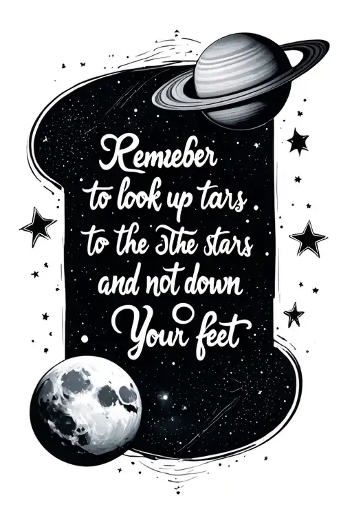 the quote 'Remeber to look up to the stars and not down at your feet' Around the quote stars, a moon, a saturn, a galaxy tattoo design idea