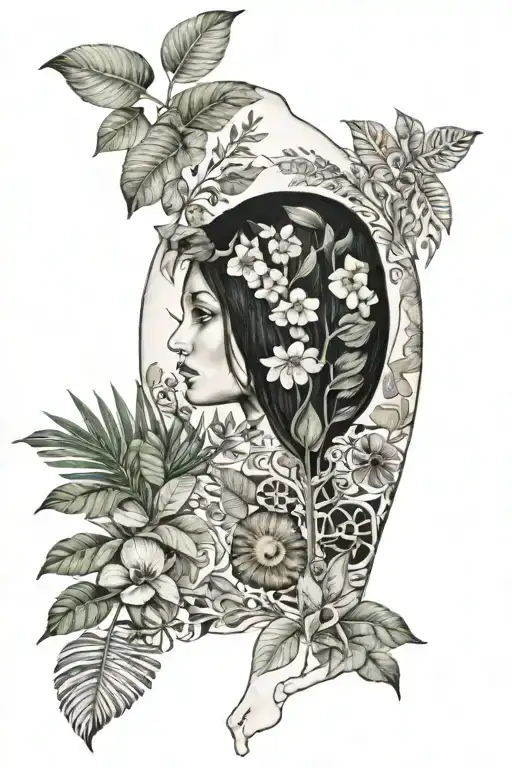 Klimt paint realistic tattoo especially the child paint, with tropical plants and shell and flower tattoo design idea