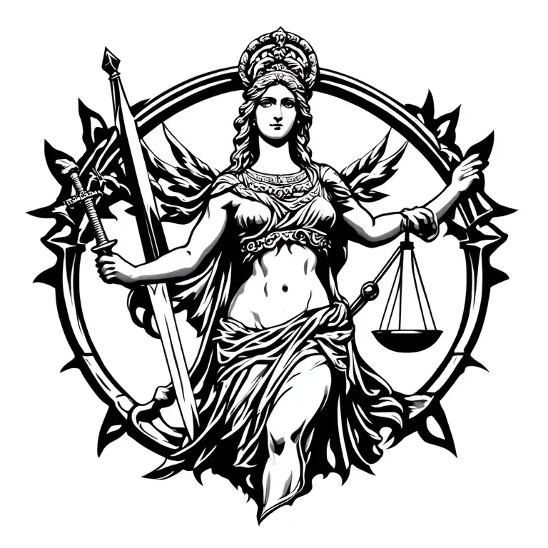 themis, goddess of justice hold scale, hold sword  tattoo design idea