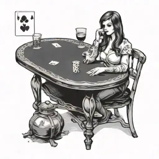 female dealer playing blackjack hand on a table tattoo design idea