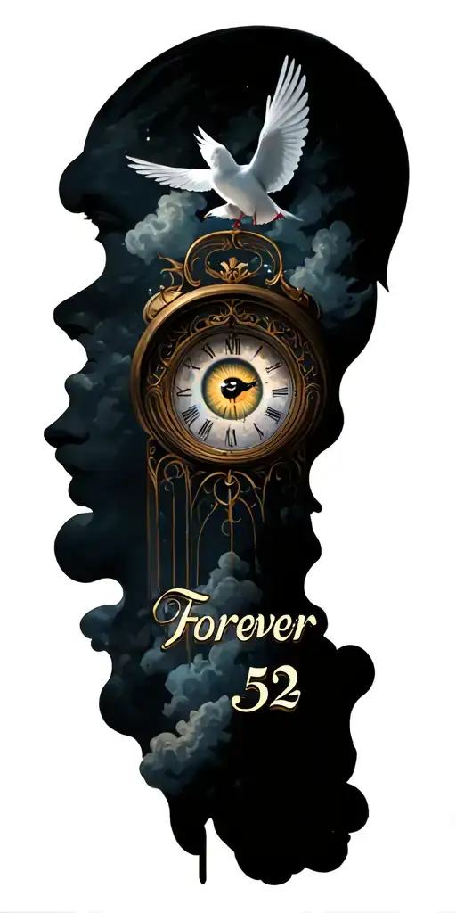 "FOREVER 532 " MEMOIR TATTOO FOR GRANDPARENTS WITH CLOUDS AND A CRYING EYE WITH A CLOCK INSIDE OF THE EYE WITH DOVES AND HEAVEN GATES  tattoo design idea