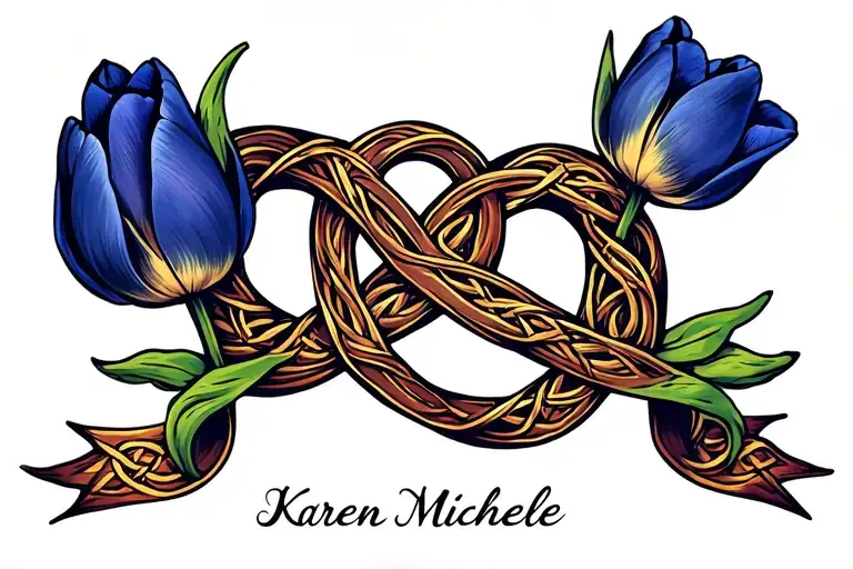 celtic love knot intertwined with blue tulip and ribbon underneath with "Karen Michelle" in cursive script. tattoo design idea