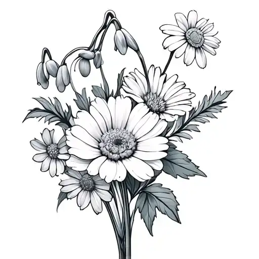 1 carnation two snowdrops 1 violet 1 daisy 1 larkspur 1 aster 1 holly 1 narcissius floral tattoo design idea