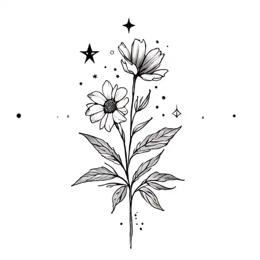 july, december, and april birth flowers with zodiac stars tattoo design idea