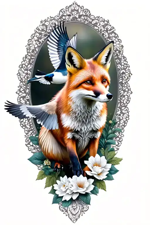 floral lace with birds flying, fox trotting tattoo design idea