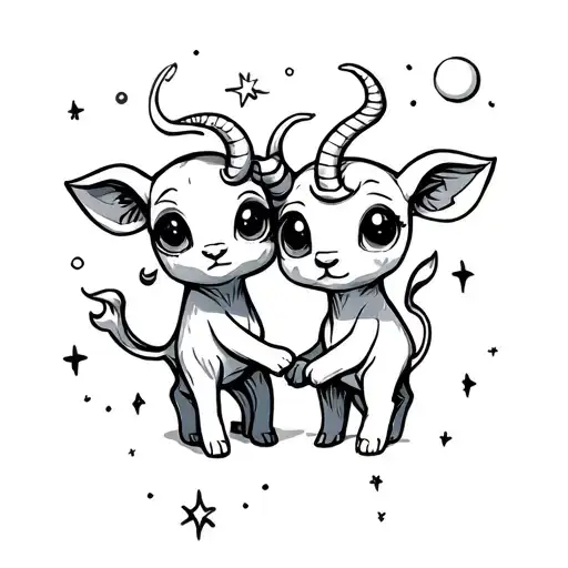 capricorn and taurus as super cute baby animals with big eyes holding hands while floating in universe tattoo design idea