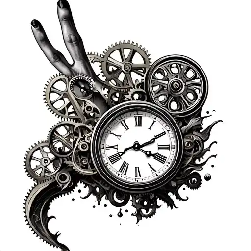 A surrealistic clock with gears in the middle finger tattoo design idea
